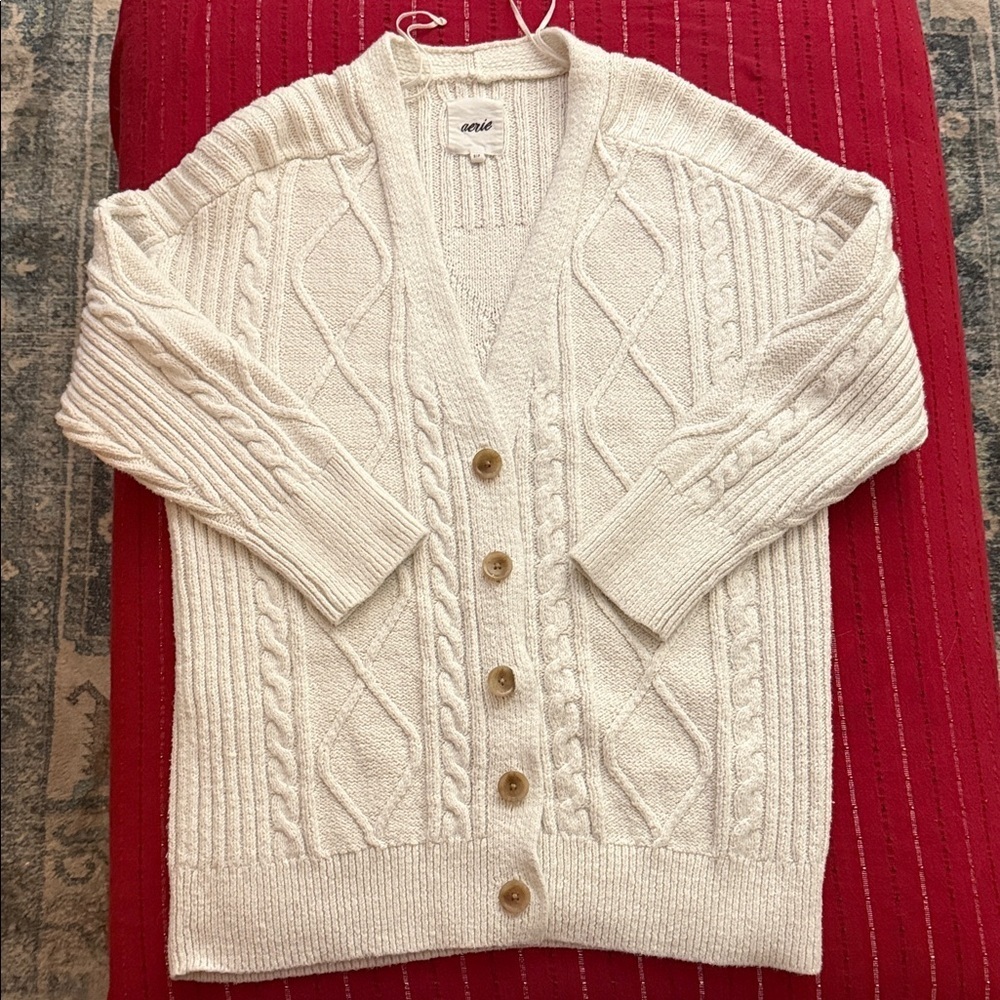 Aerie Oversized Women's Cream Cable Knit Button-down Cardigan Sweater Size L